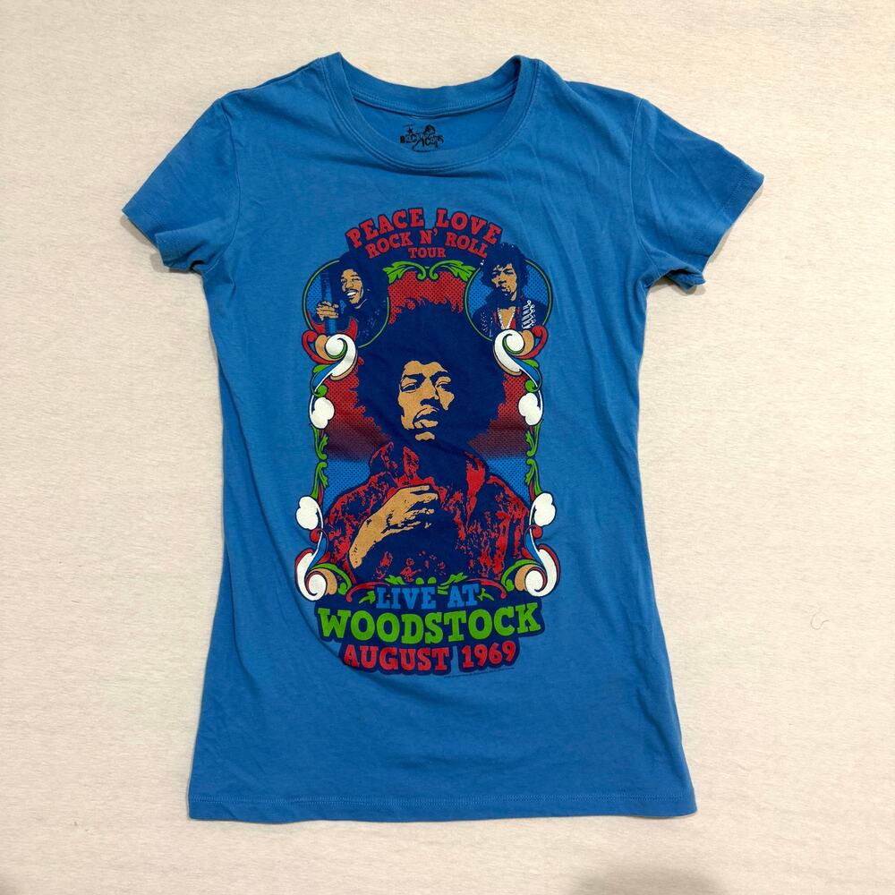 Jimi Hendrix Woodstock 1969 Graphic Band T-Shirt Blue Juniors Large‎